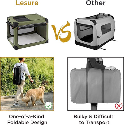 Lesure Soft Collapsible Dog Crate - 42 Inch Portable Travel Crate for Extra Large Dogs Indoor & Outdoor, 4-Door Foldable Pet Kennel with Durable Mesh Windows, Green