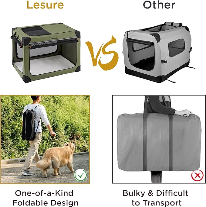 Lesure Soft Collapsible Dog Crate - 36 Inch Portable Travel Crate for Large Dogs Indoor & Outdoor, 4-Door Foldable Pet Kennel with Durable Mesh Windows, Green