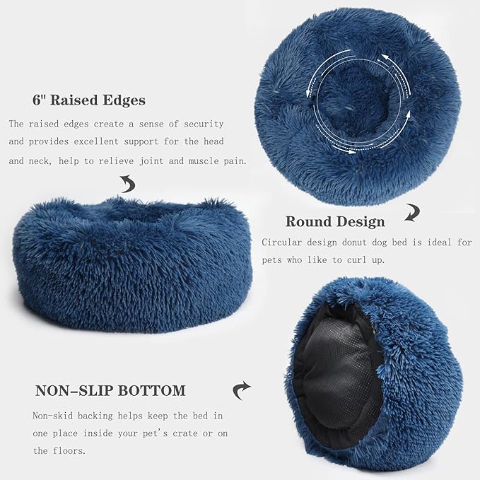 Small Dog Bed for Calming Dog 19 inches Navy Blue Puppy Bed for Extra Small Dog Bed Washble Anti-Anxiety Puppy Bed Machine Washable Cozy Soft Pet Round Bed Fits up to 15 lbs.