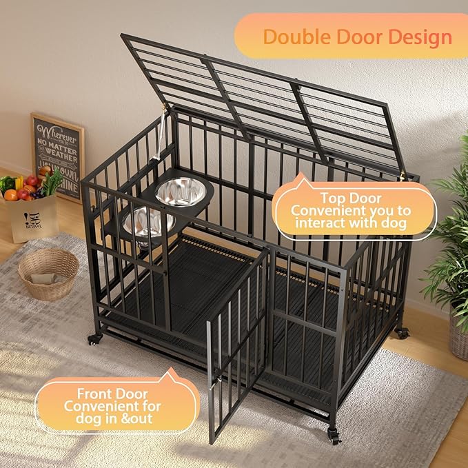 LOVMOR 37" Heavy Duty Dog Crate with Wheels/Unique Air Lift Rod / 360° & Adjustable 2 Bowls, Extra Small Dog Crate