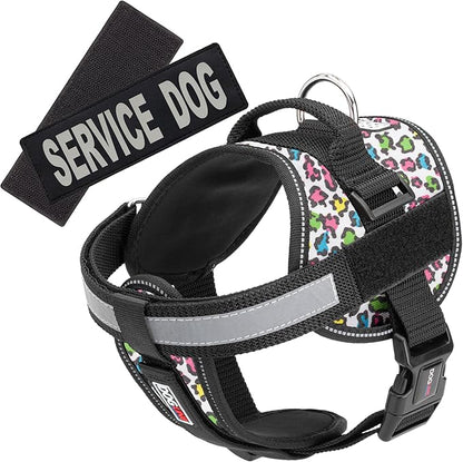 Dogline Unimax Dog Harness Vest with Service Dog Patch Reflective No-Pull, Adjustable Straps, Breathable Neoprene for Medical, Service, Identification, Training Dogs Girth 28 to 38" Leopard Multicolor