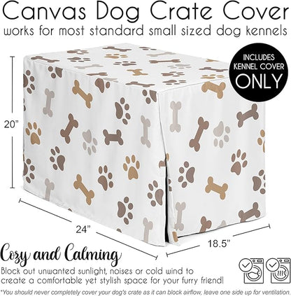 Sweet Jojo Designs Bone Paw Print Dog Crate Cover – Kennel Covers for 24 Inch Pet Cage Small - Neutral Grey Taupe Brown Modern Off White Gray Tan Puppy