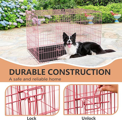 FDW Dog Crate for Large Dogs 42 Inch Folding Metal WirePet Cage Double Door W/Divider Panel Indoor Outdoor Kennel Leak-Proof Plastic Tray,Pink