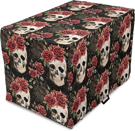 Lunarable Halloween Dog Crate Cover, Mexican Sugar Skull Rose Bouquets Spooky Traditional Humour Culture, Easy to Use Pet Kennel Cover for Small Dogs Puppies Kittens, 18 Inch, Black Grey