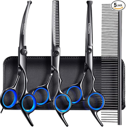Gimars Dog Grooming Scissors Kit Professional 4CR with Safety Round Tip, 5 in 1 Heavy Duty Titanium Coated Thinning & Curved & Straight Shears