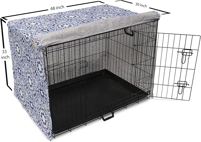 Lunarable Traditional Dog Crate Cover, Circular Flowers and Stripes Ethnic Gzhel Pattern Classic Motifs Art, Easy to Use Pet Kennel Cover for Medium Large Dogs, 48 Inch, Pale Blue