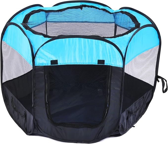 Portable Dog Playpen Cat Tent,Pop Up Playpen for Small Middle Dogs Cats Pet Tent Playground, Indoor Outdoor,47x47x30,Blue/Black,1Pack