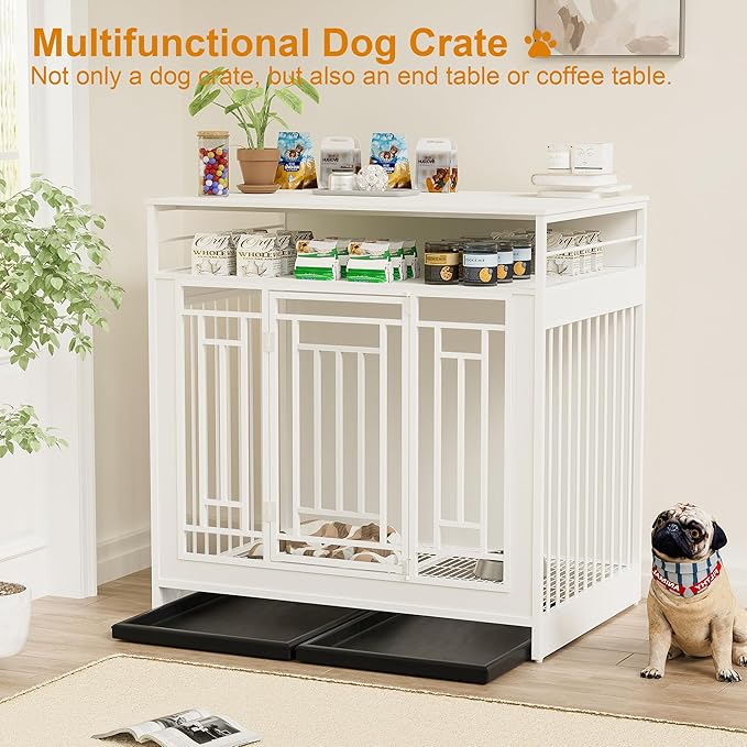 43.3 Inch Wooden Dog Crate Furniture for Large Dogs with Storage Drawers,Heavy Duty Double Door Pet Kennel with Divider,Decorative Dog House for Living Room,Bedroom,White