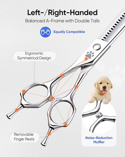 ULG Professional Dog Grooming Scissors 7.5” Straight Chunker Shear 65%-75% Thinning Rate 440C Japanese Stainless Steel Tension Adjustable Left & Right Handed Pet Grooming Shears
