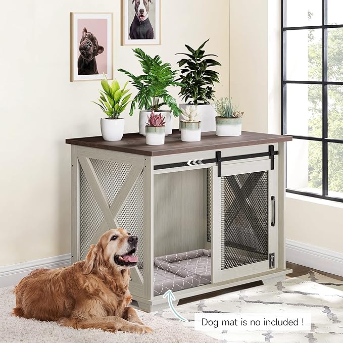 GAOMON 37'' Sliding Barn Door Dog Crate Furniture with Flip Top and Movable Divider, Wooden Dog Crate Table, Dog Kennel Side End Table, Furniture Style Large Dog House, White