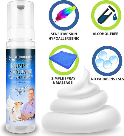 Puppy Shampoo - Waterless Dog Shampoo - No Rinse Dry Foam Mousse - Fur Baby Powder Scent - 8oz/240ml, Made in USA.