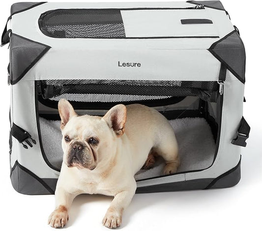 Lesure Collapsible Dog Crate - Portable Travel Kennel for Small Dog, 4-Door Pet Crate with Durable Mesh Windows, Indoor & Outdoor, Light Gray