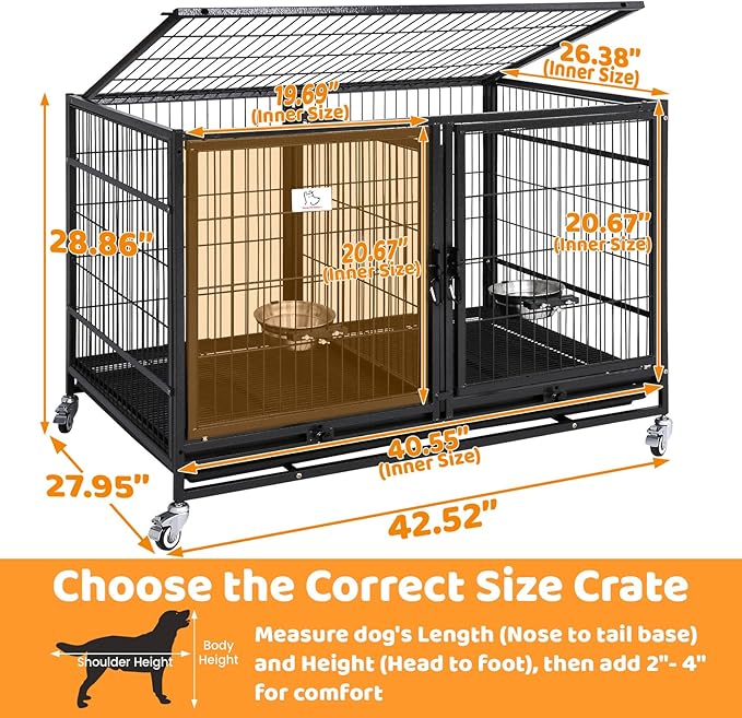 Homey Pet 43 Inch Metal Open Top Stackable Heavy Duty Dog Cage Kennel with Three Door, Metal Floor Grid, Tray, Wheels, Divider and Feeding Bowl, Drop Dog Cages Indoor