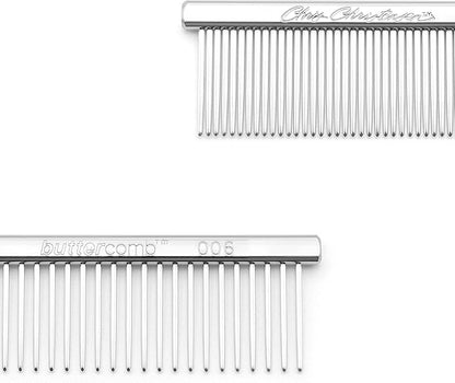 Chris Christensen 5in Face and Feet Fine/Coarse Butter Comb, Groom Like a Professional, Rounded Corners Prevent Friction and Breakage, Solid Brass Spin with Steel Teeth, Chrome Finish