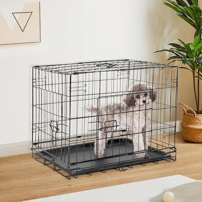 Sweetcrispy Dog Crate with Divider Panel, 48 Inch Double Door Folding Metal Wire Dog Cage with Plastic Leak-Proof Pan Tray, Extra Large Pet Kennel for Indoor, Outdoor, Travel
