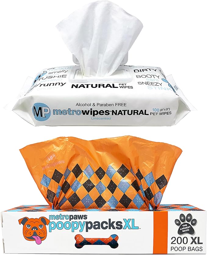 MetroPaws Unscented Dog Wipes, 100 Extra Large, Thick Cleaning Wipes & Waste Packs XL - 200 Extra Large Dog Bags, Leakproof, Durable Pet Waste Bags for Easy Cleanup [ORANGE]