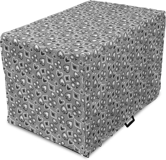 Lunarable Casino Dog Crate Cover, Playing Cards Abstract Style with Monochrome Display Gambling Theme, Easy to Use Pet Kennel Cover for Medium Large Dogs, 48 Inch, Black White Grey