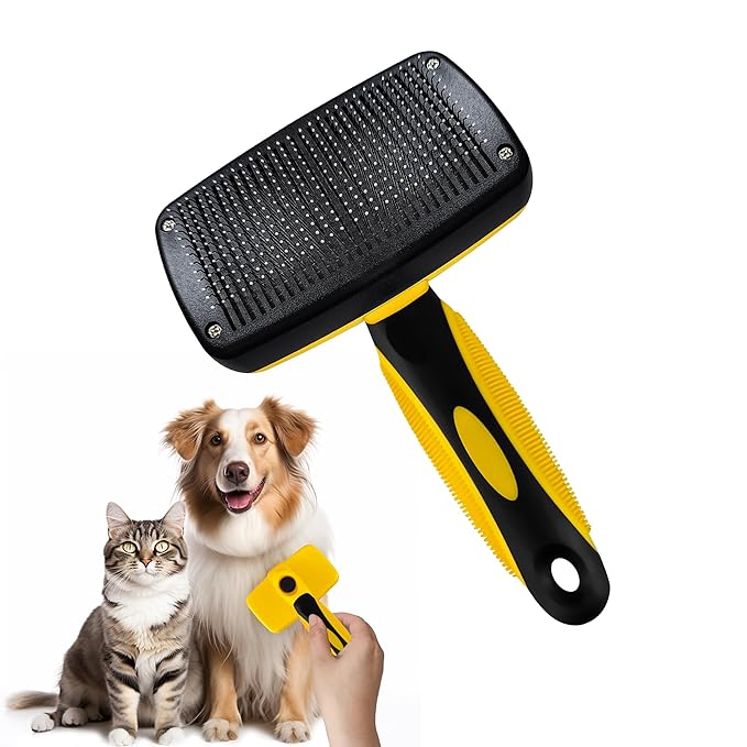 Qianruida Self Cleaning Slicker Brush for Grooming Long-haired or Short-haired Cats and Dogs Pet Brush for Shedding for Removing Undercoat and Tangled Hairs, Yellow