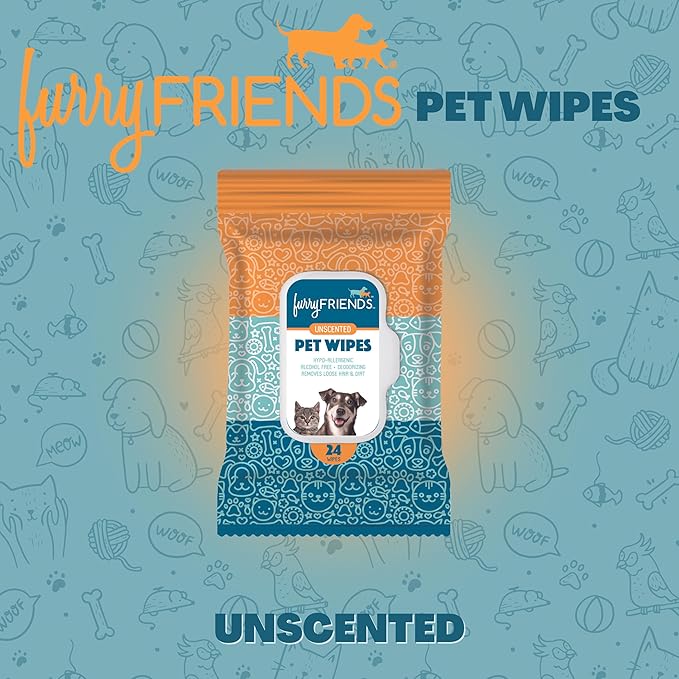 FurryFriends Pet Wipes | Unscented | Hypo-allergenic | Alcohol Free| Deodorizing | Removes Loose Hair & Dirt | Incredibly Clean | 12 Pack