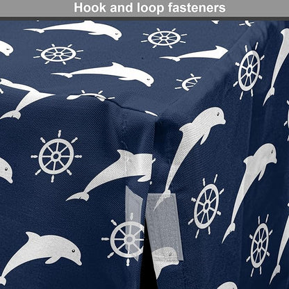 Lunarable Dolphin Dog Crate Cover, Maritime Pattern with Silhouettes of Dolphins and Steering Wheels in White Color, Easy to Use Pet Kennel Cover for Medium Large Dogs, 36 Inch, Night Blue