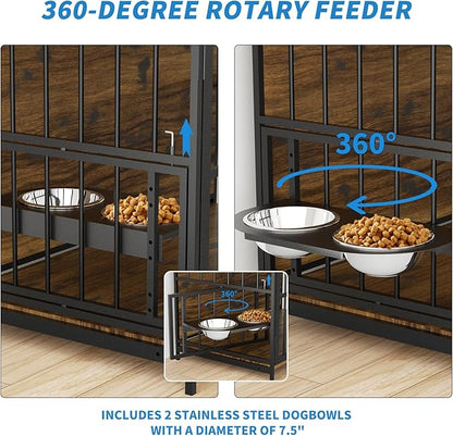 LOVMOR Dog Cage Furniture with Rotating Feeder Bowls, Dog Kennel Indoor with Cushion, Dog Crates for Large Dogs, 48" L X 30" W 43" H, Rustic Brown