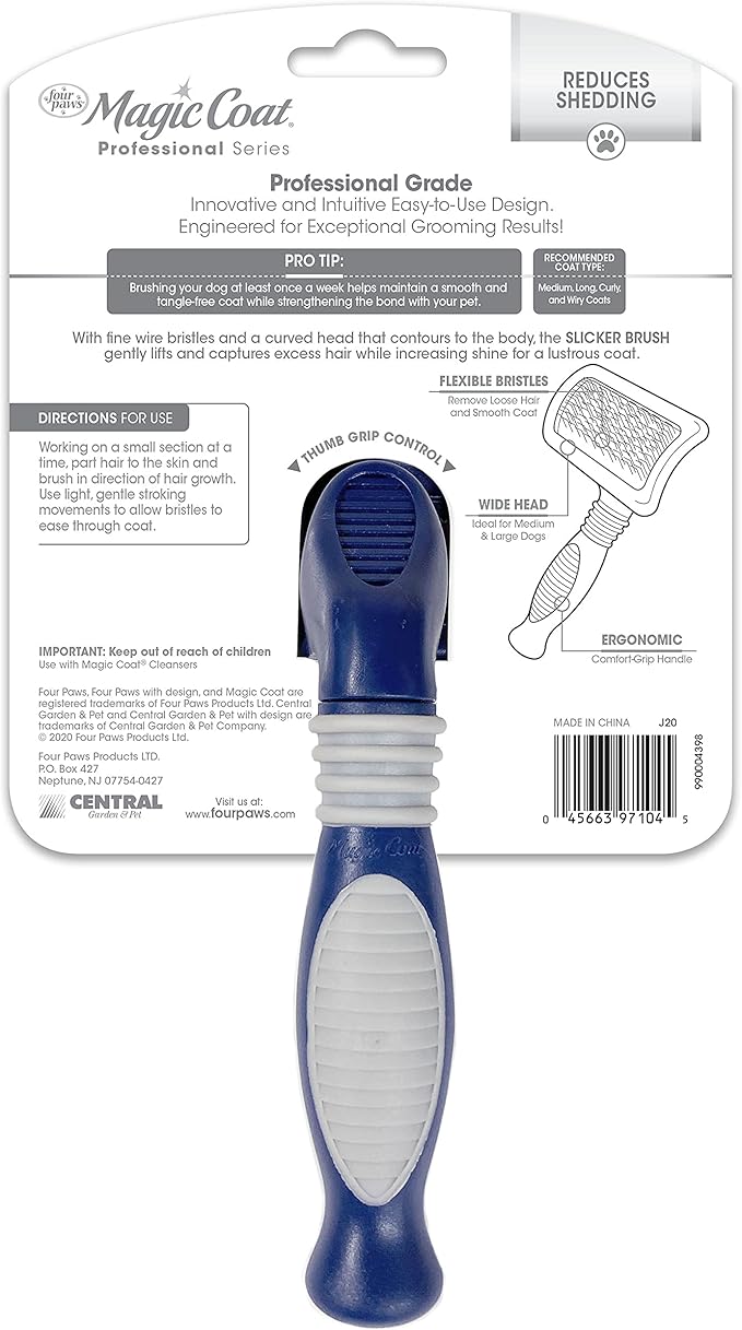 Four Paws Magic Coat Professional Series Grooming Brush for Dogs & Cats, Reduces Shedding, Stimulates Coat's Natural Oils, Ergonomic Design, Ideal for Medium, Long, Curly, and Wiry Coats