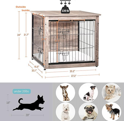 DWANTON Dog Crate Furniture with Cushion, Wooden Kennel Table with Double Doors, Indoor Dog House, Small/Medium/Large/Extra Large Size, 27.2" L, Greige