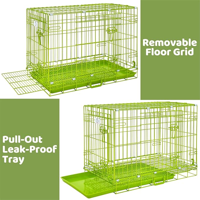 HOMEY PET 30 Inch Dog Kennel Indoor, Green Dog Cage for Small Dogs Foldable Dog Crates for Medium Dogs Nano-Coated Metal Wire Dog Crate with Removable Floor Grid Tray, Double Doors, Handle for Travel