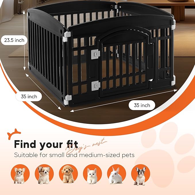 HealSmart 4 Panel 24" Plastic Dog Playpen, Folding & Portable Pet Playpen for Indoor & Outdoor Use, Safe & Secure Fence, Ideal for Small to Medium Dogs, Black