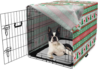 Ambesonne Christmas Dog Crate Cover, Knit Style Graphic Reindeer Star and Snowflake Holiday Family Theme, Easy to Use Pet Kennel Cover for Small Dogs Puppies Kittens, 22 Inch, White Green