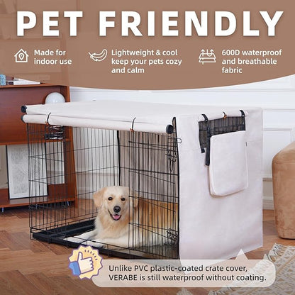 600D Dog Crate Cover, Waterproof Pet Kennel Cover with Storage Bag Fit for 48 Inch Wire Crate Dog Cage, 48 Inches, Beige