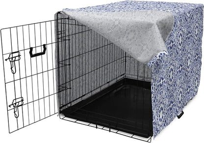 Lunarable Traditional Dog Crate Cover, Circular Flowers and Stripes Ethnic Gzhel Pattern Classic Motifs Art, Easy to Use Pet Kennel Cover for Medium Large Dogs, 42 Inch, Pale Blue