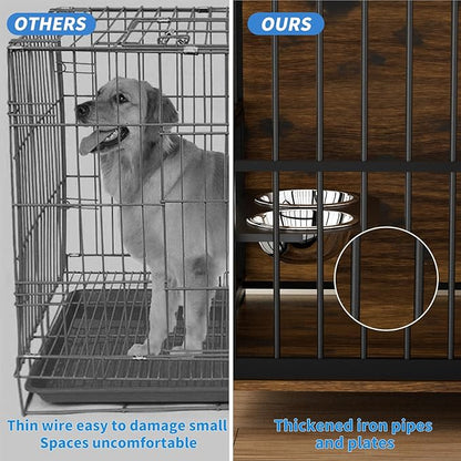 LOVMOR Dog Cage Furniture with Rotating Feeder Bowls, Dog Kennel Indoor with Cushion, Dog Crates for Large Dogs, 48" L X 30" W 43" H, Rustic Brown