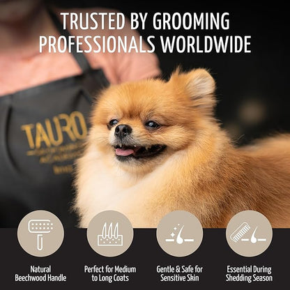 Tauro Pro Line Wooden Deshedding Dog Brush for Long Goldendoodle, Labradoodle & Poodle Hair - Brown Slicker Brush for Dog & Cat Grooming - Square Flexible Cushion & Non-Slip Grip, L