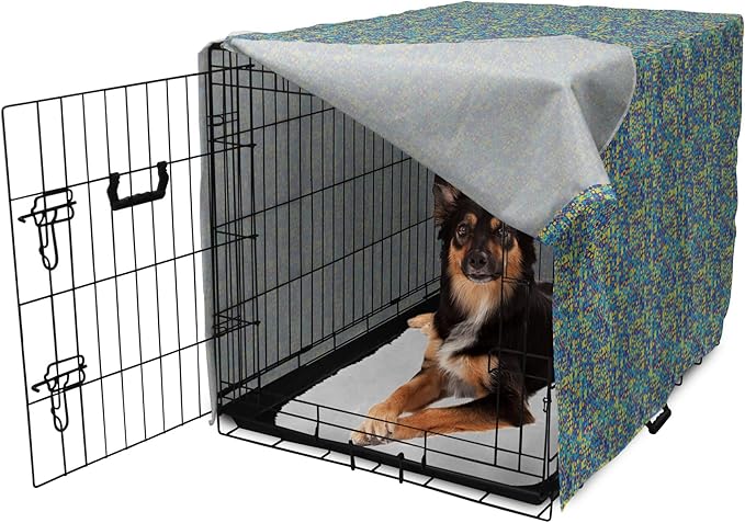 Lunarable Yellow and Blue Dog Crate Cover, Circles Squares and Triangles Mosaic Pattern with Dots Vibrant, Easy to Use Pet Kennel Cover for Medium Large Dogs, 36 Inch, Purple Sky Blue Yellow