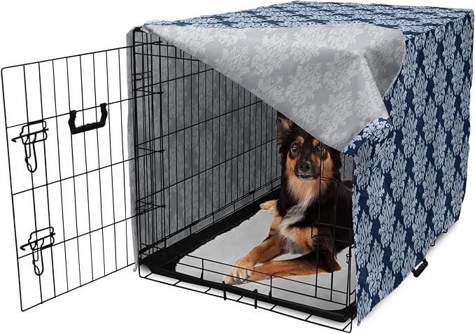 Lunarable Damask Blue Dog Crate Cover, Abstract Antique Royal Motif with Leaves and Swirls, Easy to Use Pet Kennel Cover for Medium Large Dogs, 36 Inch, Ceil Blue Violet Blue
