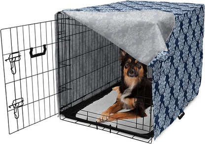 Lunarable Damask Blue Dog Crate Cover, Abstract Antique Royal Motif with Leaves and Swirls, Easy to Use Pet Kennel Cover for Medium Large Dogs, 36 Inch, Ceil Blue Violet Blue