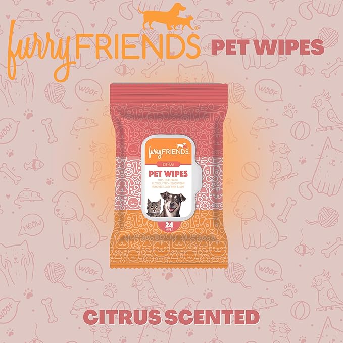 FurryFriends Pet Wipes | Citrus Scented | Hypo-allergenic | Alcohol Free| Deodorizing | Removes Loose Hair & Dirt | Incredibly Clean | 8 Pack