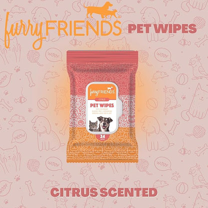 FurryFriends Pet Wipes | Citrus Scented | Hypo-allergenic | Alcohol Free| Deodorizing | Removes Loose Hair & Dirt | Incredibly Clean | 8 Pack