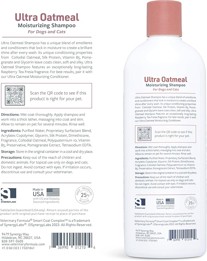 Veterinary Formula Smart Coat Complex Ultra Oatmeal Moisturizing Shampoo for Dogs, 17 Fl oz – Moisture-Rich, Nourishing Shampoo – Leaves Coat Clean, Soft, Silky, Shiny – Long-Lasting Fragrance