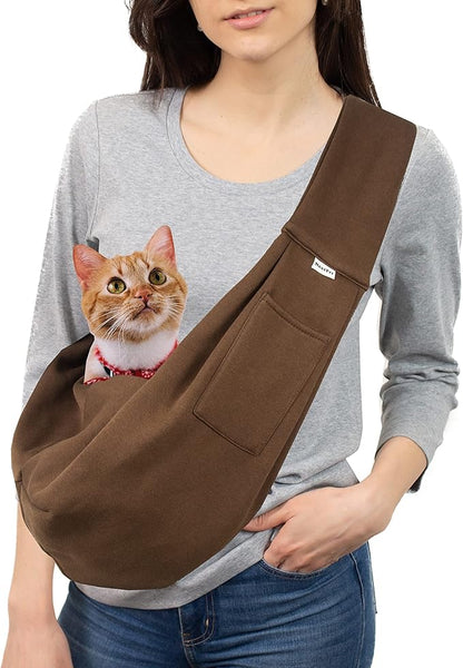 Pet Sling Carrier Adjustable Shoulder Strap Puppy Tote Hands Free Reversible Pet Backpack for Outdoor Travel Classci Brown
