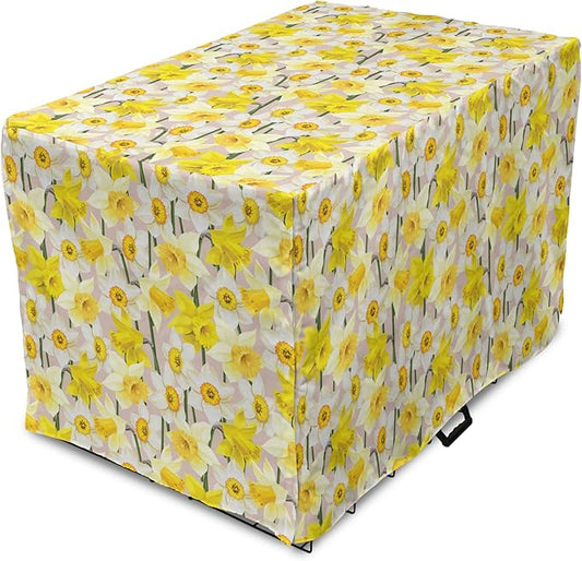 Lunarable Daffodil Dog Crate Cover, Gentle Nature Theme Blooming Spring Season Realistic Romantic Bedding Plants, Easy to Use Pet Kennel Cover for Cats & Medium Dogs, 30 Inch, Yellow Green Tan