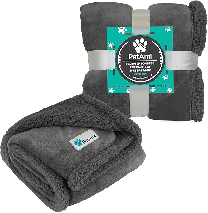 PetAmi Waterproof Dog Blanket for Bed, XL Dog Pet Blanket Couch Cover Protection, Sherpa Fleece Leakproof Bed Blanket for Crate Kennel Sofa Furniture Protector, Reversible Soft Plush 80x60 Grey Grey