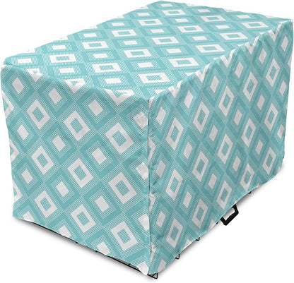 Lunarable Geometric Dog Crate Cover, Nested Diagonal Squares with Tiny Polka Dots Symmetric Repetition, Easy to Use Pet Kennel Cover for Cats & Medium Dogs, 30 Inch, White and Pale Teal