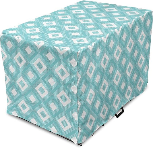 Lunarable Geometric Dog Crate Cover, Nested Diagonal Squares with Tiny Polka Dots Symmetric Repetition, Easy to Use Pet Kennel Cover for Cats & Medium Dogs, 30 Inch, White and Pale Teal