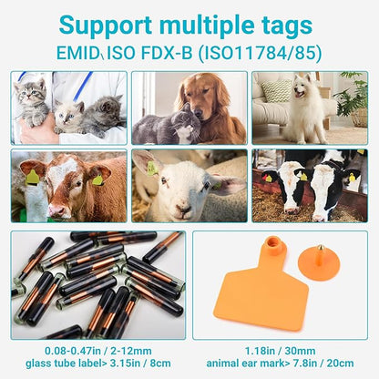 Tera Portable Pet Microchip Scanner - Animal Tag Reader with OLED Display Screen RFID Rechargeable Data Storage 2.4G Wireless & Wired USB EMID FDX-B(ISO11784/85) for Animal Management, White W90D