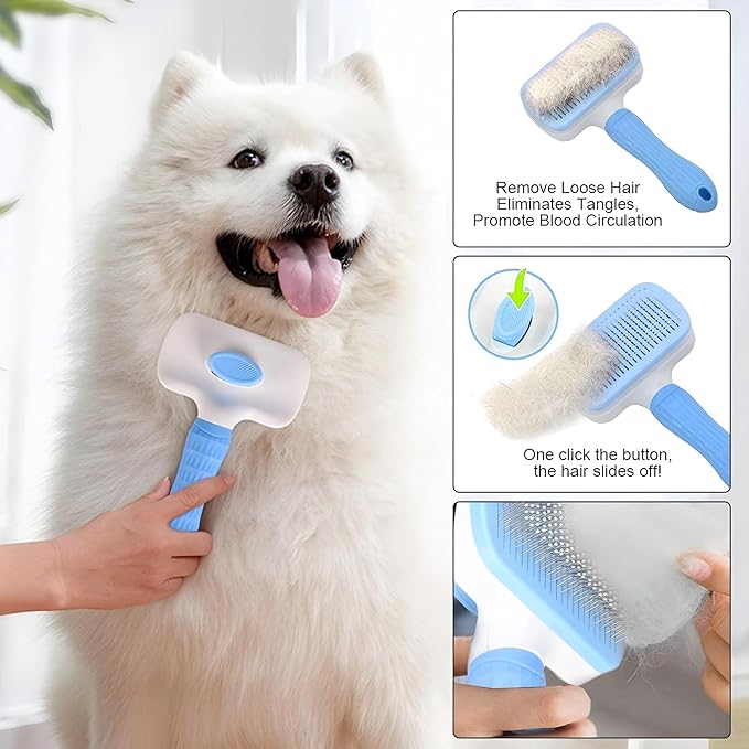 JASLAH 3 Sets with Comb, Pet Grooming Bath Brush Soft Silicone Bristle for Long Short Haired Dogs and Cats Shower, Bath Brush Soothing Massage Rubber Comb with Adjustable Ring Handle, Blue
