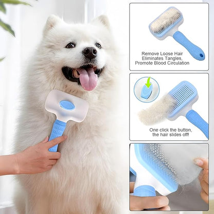 JASLAH 3 Sets with Comb, Pet Grooming Bath Brush Soft Silicone Bristle for Long Short Haired Dogs and Cats Shower, Bath Brush Soothing Massage Rubber Comb with Adjustable Ring Handle, Blue