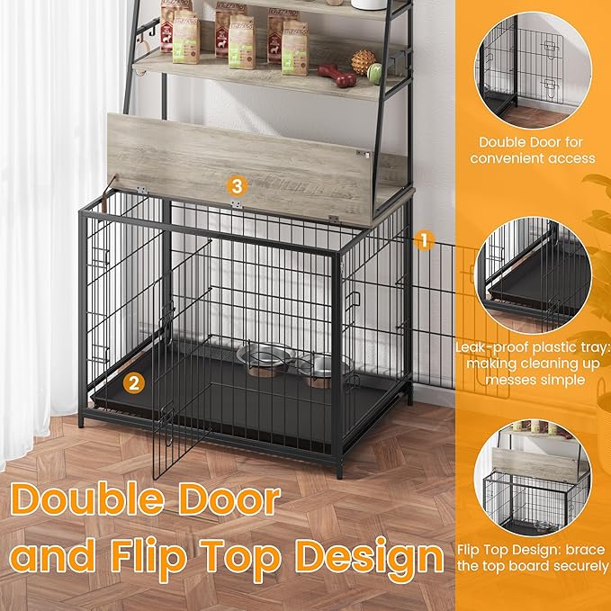 IDEALHOUSE Dog Crate Furniture,Flip-up Top Pet Crate Furniture,Indoor End Table Dog Cage with 3-Layer Storage Shelves,Dog Crates for Medium Dogs,Dog Kennel Furniture with Adjustable Bowls,Grey