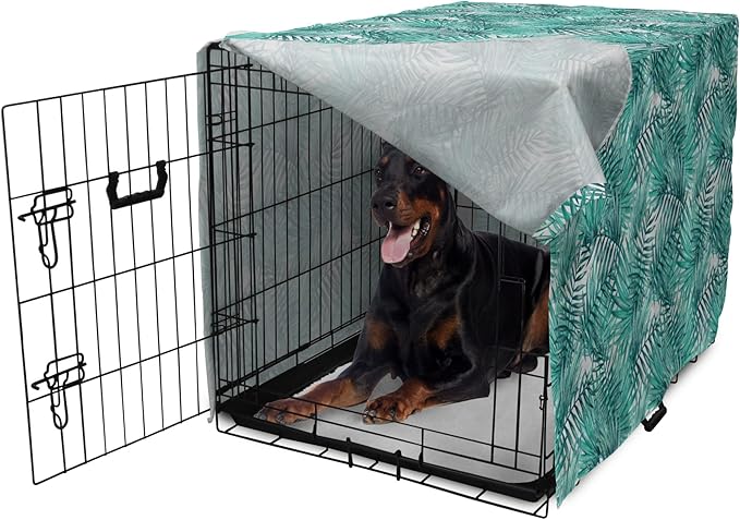 Lunarable Leaf Dog Crate Cover, Fresh Tropical Exotic Island Palm Tree Leaves in Jungle Abstract Watercolor, Easy to Use Pet Kennel Cover for Medium Large Dogs, 42 Inch, Pale Blue and Green
